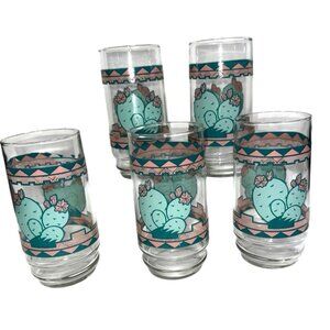 5 Vintage Tumbler Drinking Glasses Set Barware Cactus Clear Green Pink 12oz